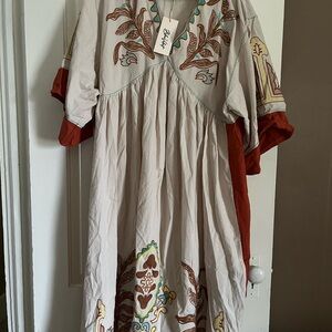 Cream Embroidered Maxi Dress with Rust and Teal Accents